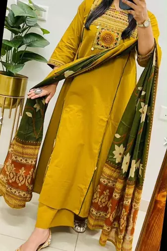 Yellow cotton embroidered thread work ethnic kurta set with dupatta