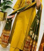 Yellow cotton embroidered thread work ethnic kurta set with dupatta