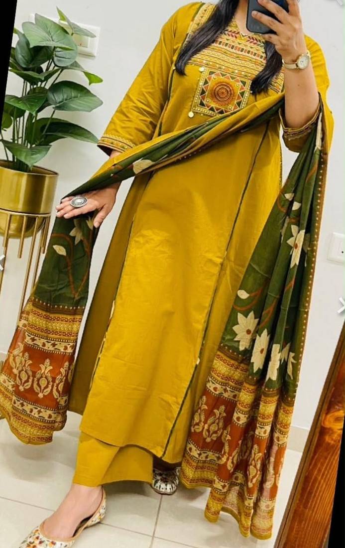 Yellow cotton embroidered thread work ethnic kurta set with dupatta
