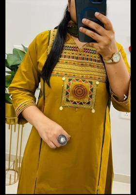 Yellow cotton embroidered thread work ethnic kurta set with dupatta 2