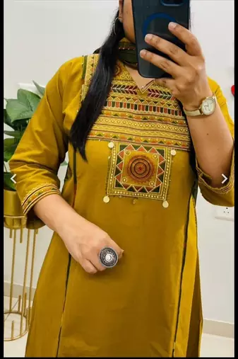 Yellow cotton embroidered thread work ethnic kurta set with dupatta