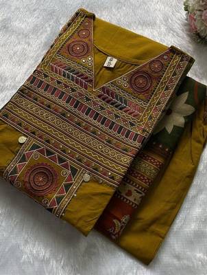 Yellow cotton embroidered thread work ethnic kurta set with dupatta 4