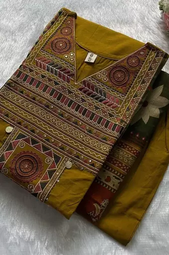 Yellow cotton embroidered thread work ethnic kurta set with dupatta