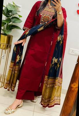 Maroon cotton embroidered thread work ethnic kurta set with dupatta 1