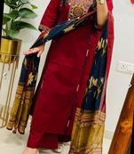 Maroon cotton embroidered thread work ethnic kurta set with dupatta