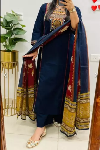 Blue cotton embroidered thread work ethnic kurta set with dupatta