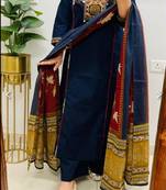 Blue cotton embroidered thread work ethnic kurta set with dupatta