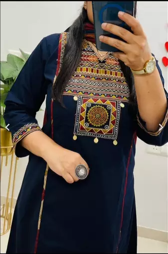 Blue cotton embroidered thread work ethnic kurta set with dupatta