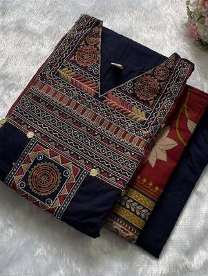 Blue cotton embroidered thread work ethnic kurta set with dupatta 3