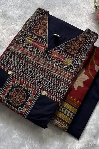 Blue cotton embroidered thread work ethnic kurta set with dupatta