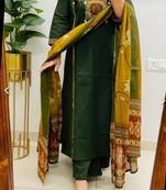 Green cotton embroidered thread work ethnic kurta set with dupatta