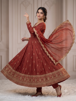 Rust embroidered anarkali kurta with pant and dupatta set for women 3