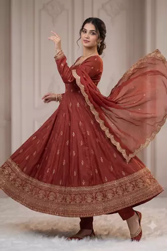 Rust embroidered anarkali kurta with pant and dupatta set for women