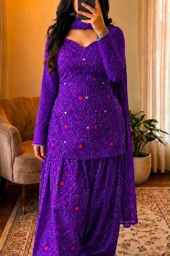 Purple cotton printde bandhej ethnic kurta set with dupatta