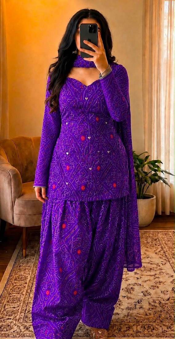 Purple cotton printde bandhej ethnic kurta set with dupatta