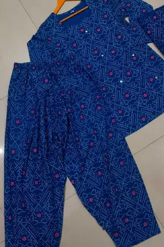 Blue cotton printde bandhej ethnic kurta set with dupatta