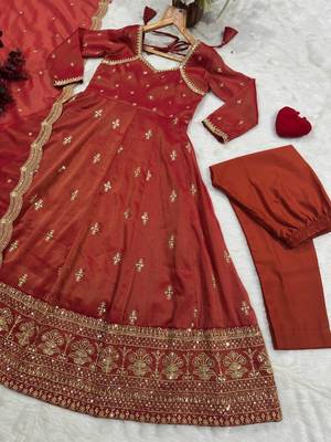 Rust embroidered anarkali kurta with pant and dupatta set for women 4