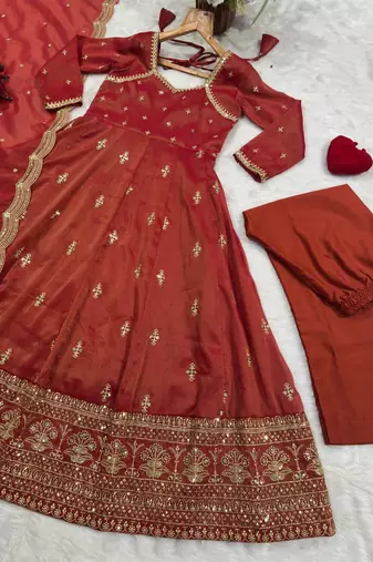 Rust embroidered anarkali kurta with pant and dupatta set for women