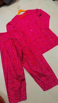 Pink cotton printde bandhej ethnic kurta set with dupatta 2