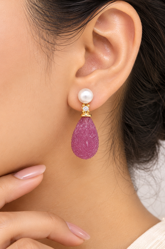 Certified natural freshwater pearls jewellery carved pink drop earrings with pearl top and crystal accent