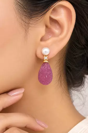 Certified natural freshwater pearls jewellery carved pink drop earrings with pearl top and crystal accent