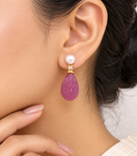 Certified natural freshwater pearls jewellery carved pink drop earrings with pearl top and crystal accent