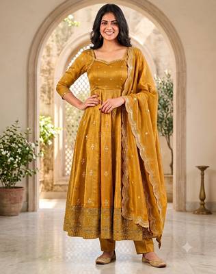 Mustard yellow embroidered anarkali kurta with pant and dupatta set for women 1