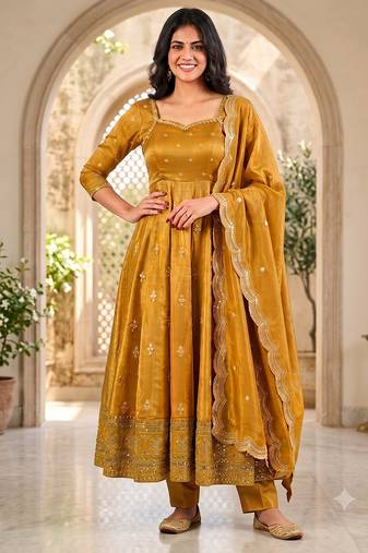 Mustard yellow embroidered anarkali kurta with pant and dupatta set for women