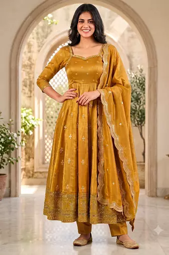 Mustard yellow embroidered anarkali kurta with pant and dupatta set for women