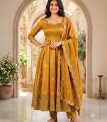 Mustard yellow embroidered anarkali kurta with pant and dupatta set for women
