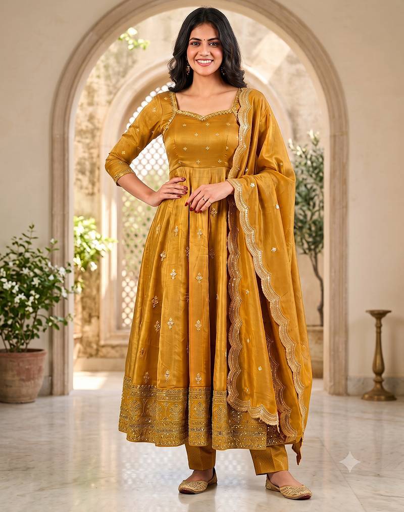 Mustard yellow embroidered anarkali kurta with pant and dupatta set for women