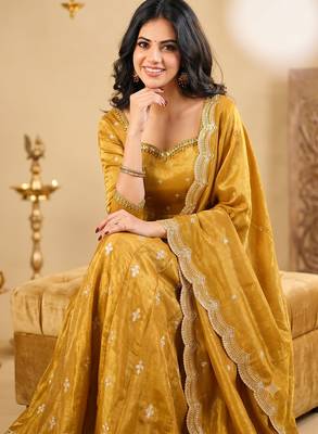 Mustard yellow embroidered anarkali kurta with pant and dupatta set for women 2