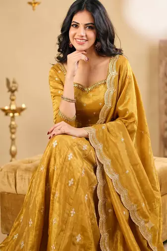 Mustard yellow embroidered anarkali kurta with pant and dupatta set for women