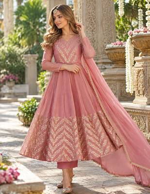 Pink silk blend readymade anarkali suit with embroidery & sequence work 1
