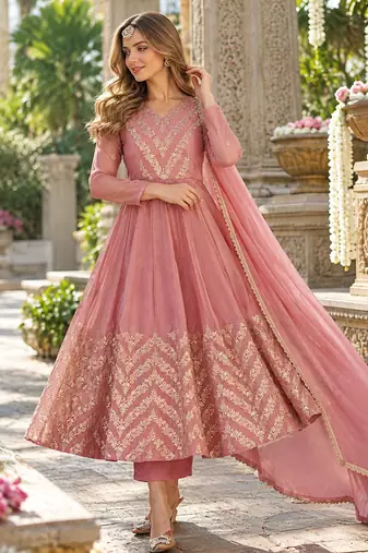Pink silk blend readymade anarkali suit with embroidery & sequence work