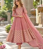 Pink silk blend readymade anarkali suit with embroidery & sequence work