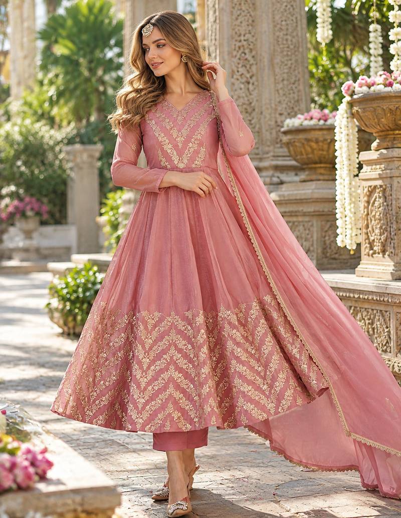 Pink silk blend readymade anarkali suit with embroidery & sequence work