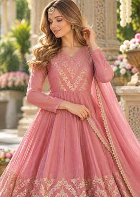 Pink silk blend readymade anarkali suit with embroidery & sequence work 2