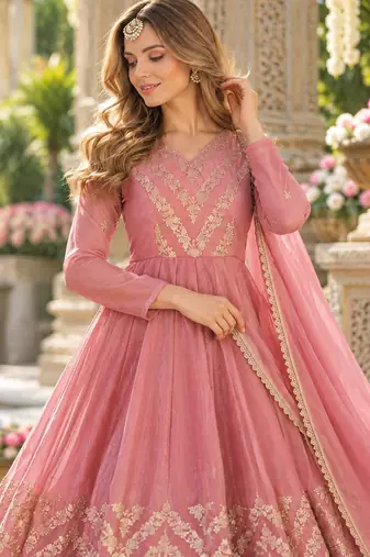 Pink silk blend readymade anarkali suit with embroidery & sequence work
