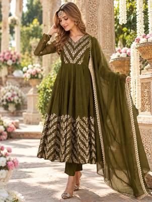Olive silk blend readymade anarkali suit with embroidery & sequence work 1