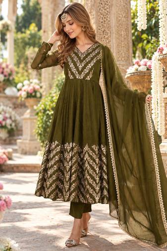 Olive silk blend readymade anarkali suit with embroidery & sequence work