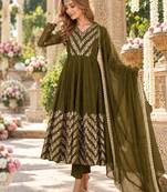 Olive silk blend readymade anarkali suit with embroidery & sequence work