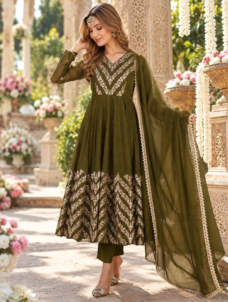 Olive silk blend readymade anarkali suit with embroidery & sequence work