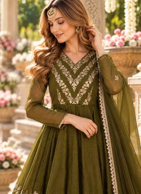 Olive silk blend readymade anarkali suit with embroidery & sequence work 2
