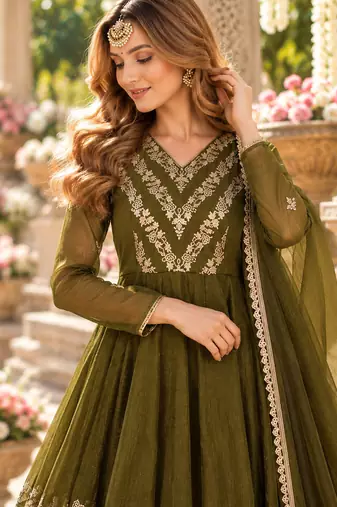 Olive silk blend readymade anarkali suit with embroidery & sequence work