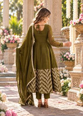 Olive silk blend readymade anarkali suit with embroidery & sequence work 3