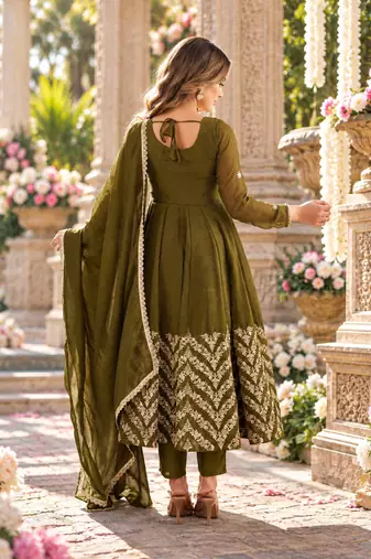 Olive silk blend readymade anarkali suit with embroidery & sequence work