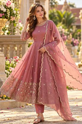 Pink silk blend readymade anarkali suit with embroidery & sequence work