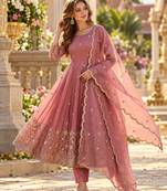Pink silk blend readymade anarkali suit with embroidery & sequence work