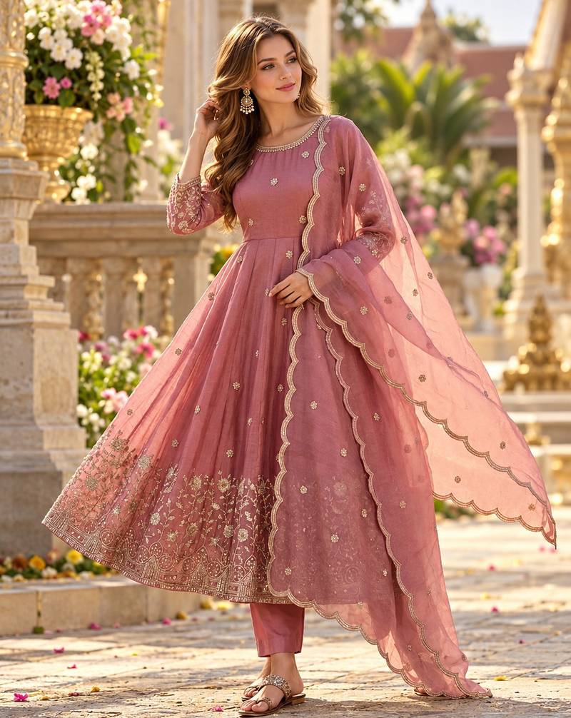 Pink silk blend readymade anarkali suit with embroidery & sequence work
